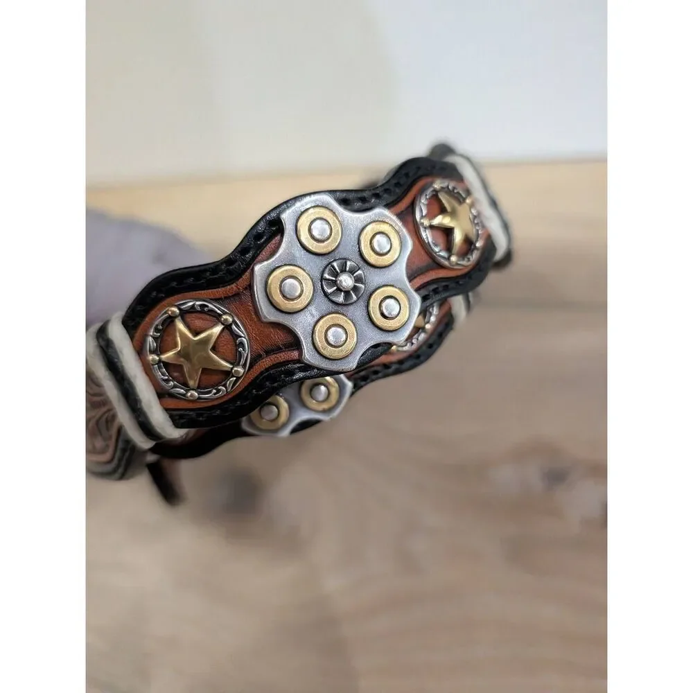 Silver Creek Tooled Leather Belt Western Sheriff Star Revolver Concho Sz 34